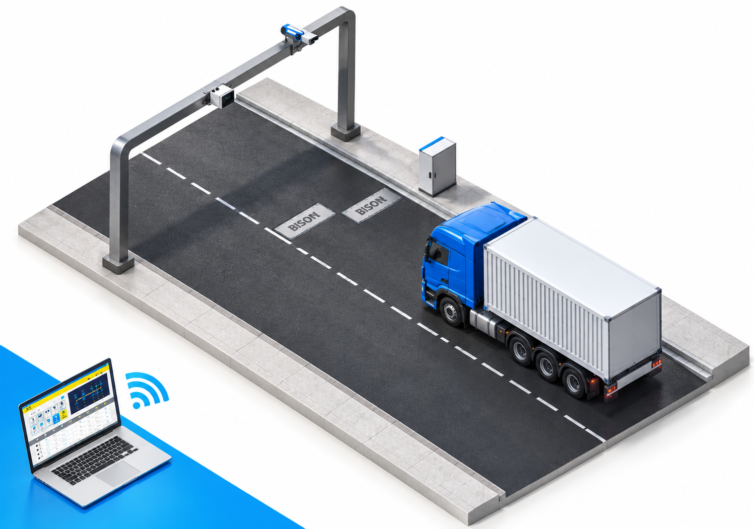 Modern BISON weigh-in-motion system with fiber-optic road plates, cameras and roadside data logger